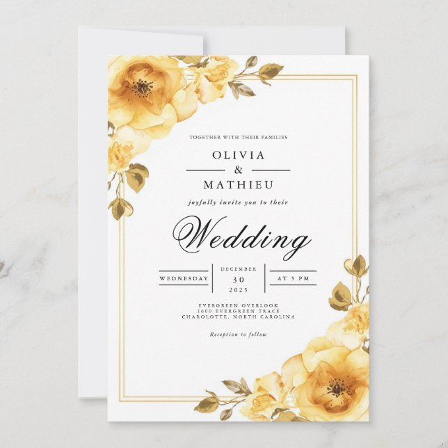 Convites Casamento com Acento Floral Dourado (Frente)