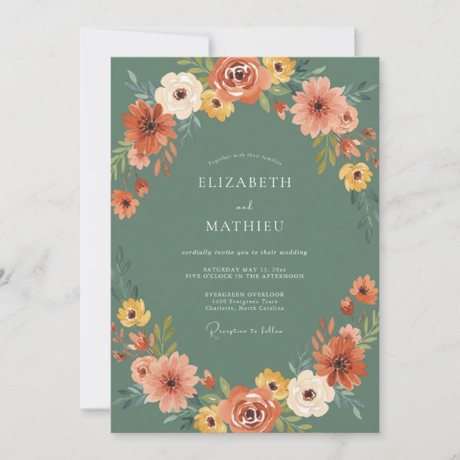 Convites Casamento com Acento Floral Verde (Frente)