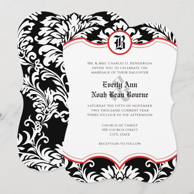Convites Casamento com Acentos Vermelhos em Estilo Damasco  (Frente/Verso)