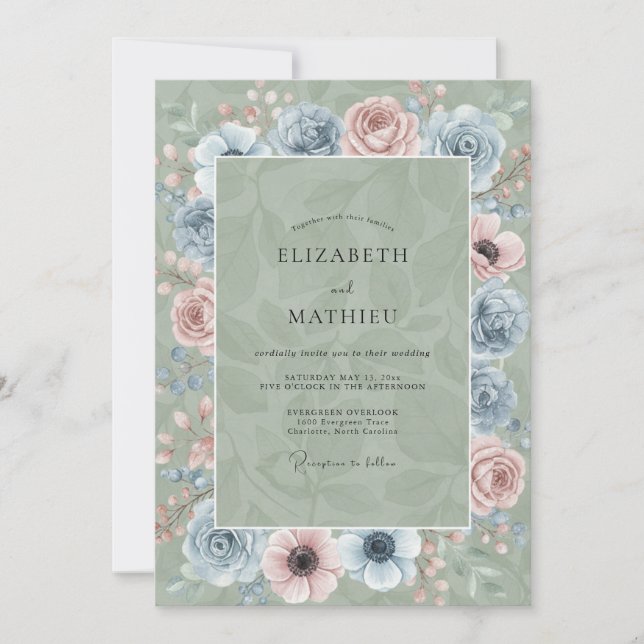 Convites Casamento com Aço Celadon e Flor de Cerejeira (Frente)