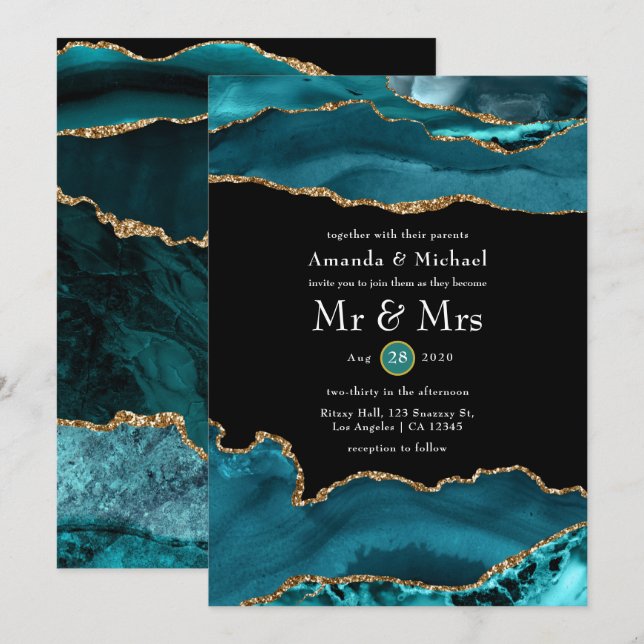 Convites Casamento com Ágata Azul e Dourado (Frente/Verso)