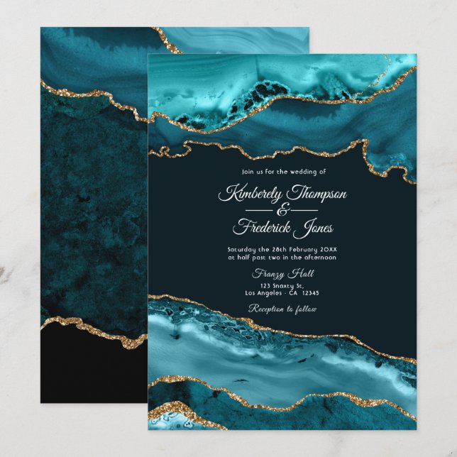 Convites Casamento com Ágata Azul e Dourado (Frente/Verso)