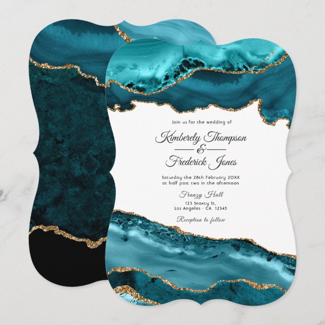 Convites Casamento com Ágata Azul e Dourado (Frente/Verso)