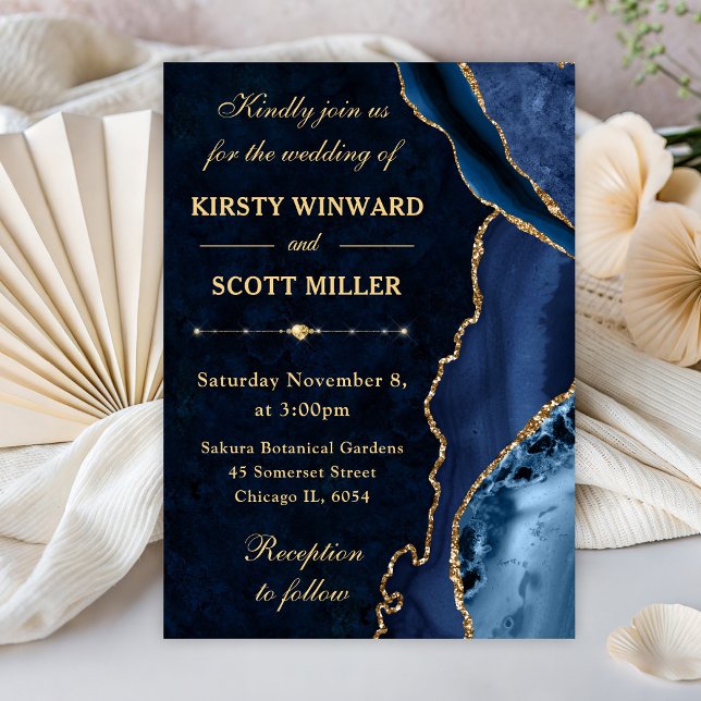 Convites Casamento com Ágata Brilhante Azul e Dourado e Már (Criador carregado)