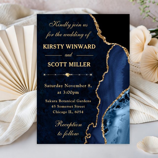Convites Casamento com Ágata Brilhante Azul e Dourado e Már (Criador carregado)