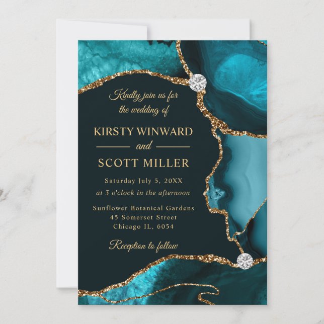 Convites Casamento com Ágata Brilhante Falsa Azul e Dourado (Frente)