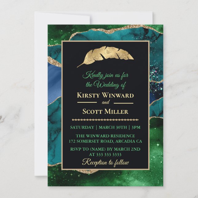 Convites Casamento com Ágata Brilho Azul Verde Dourado (Frente)