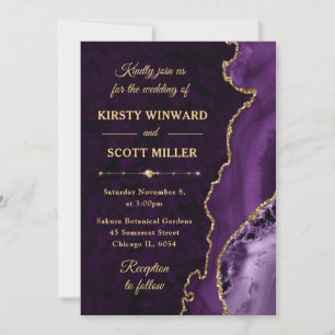 Convites Casamento com Ágata Brilho Roxo e Dourado e mármor