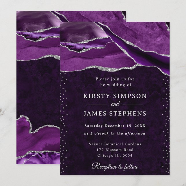 Convites Casamento com Ágata Brilho Roxo e Prata (Frente/Verso)