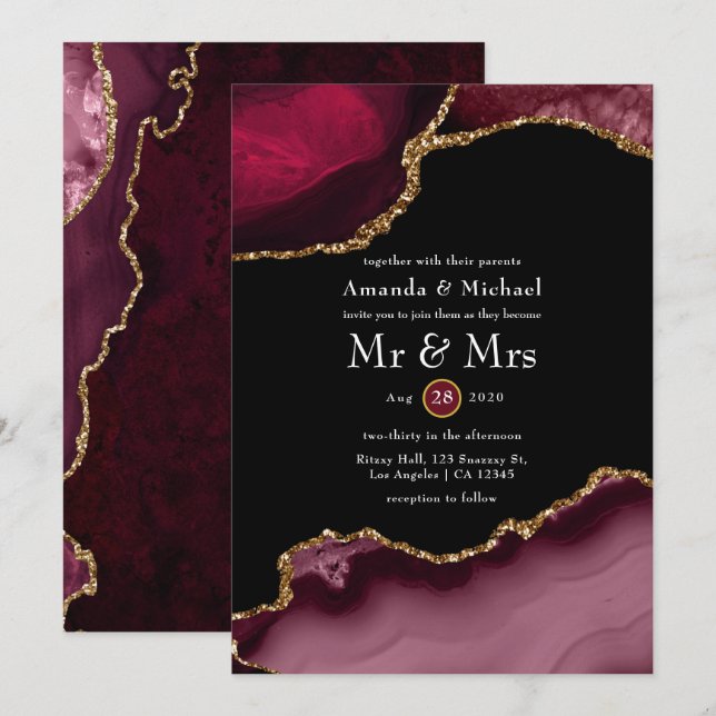 Convites Casamento com Ágata Burgundy e Dourado (Frente/Verso)