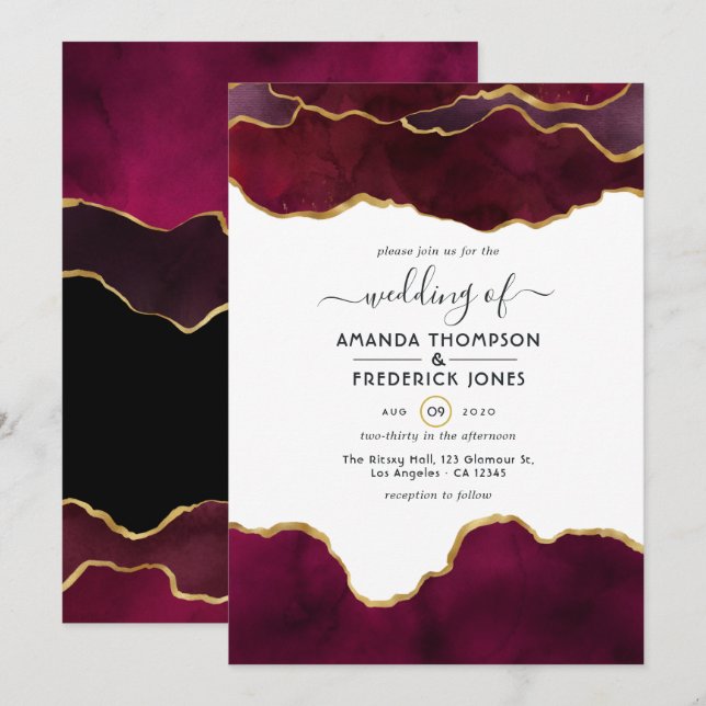Convites Casamento com Ágata em Burgundy e Dourado (Frente/Verso)