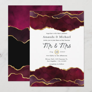 Convites Casamento com Ágata em Burgundy e Dourado