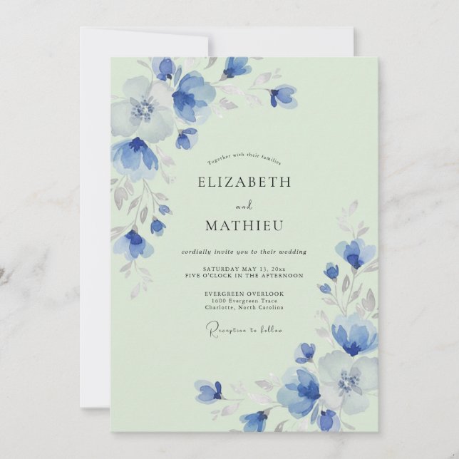 Convites Casamento com Aguarela Azul Água-Mint Pálido (Frente)