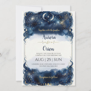 Convites Casamento com aguarela azul marinho de noite estre