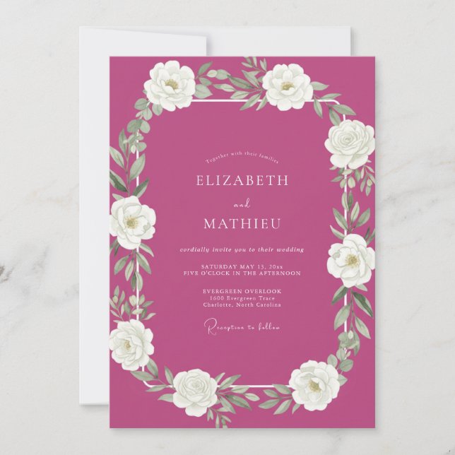 Convites Casamento com Aguarela Branca Magenta (Frente)