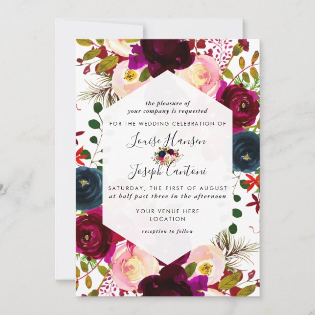 Convites Casamento com aguarela Burgundy Florals Blush Navy (Frente)