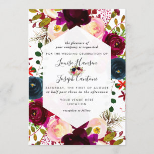 Convites Casamento com aguarela Burgundy Florals Blush Navy