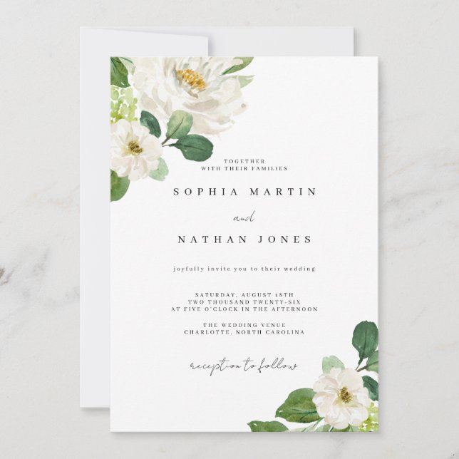 Convites Casamento com aguarela de greenery e marfim floral (Frente)