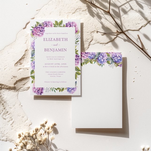 Convites Casamento com aguarela de Hortênsias Rosa e Roxo (Front / Back)