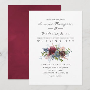 Convites Casamento com aguarela floral em Burgundy e Azul M