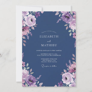 Convites Casamento com aguarela floral lilás Navy