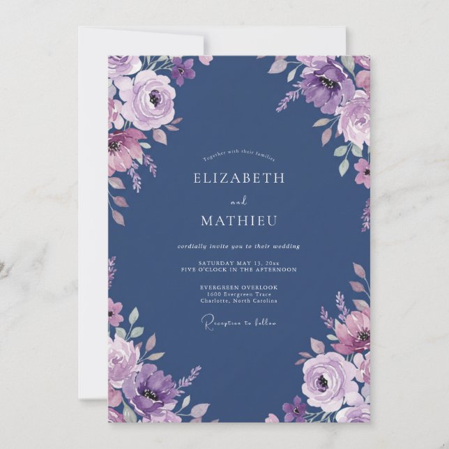 Convites Casamento com aguarela floral lilás Navy (Frente)