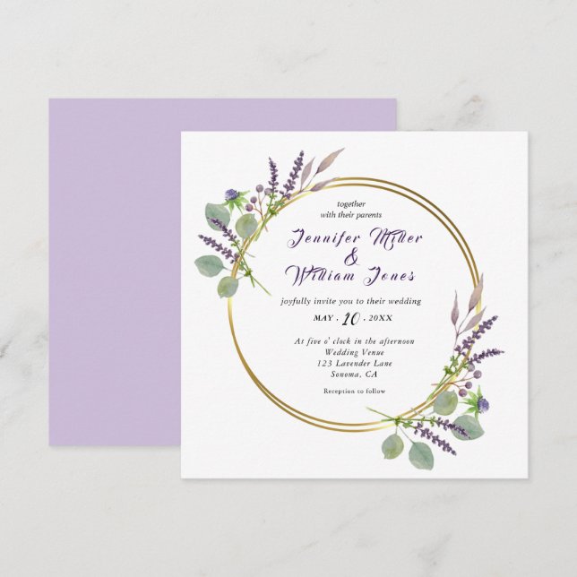 Convites Casamento com aguarela Lavanda & Eucalipto (Frente/Verso)