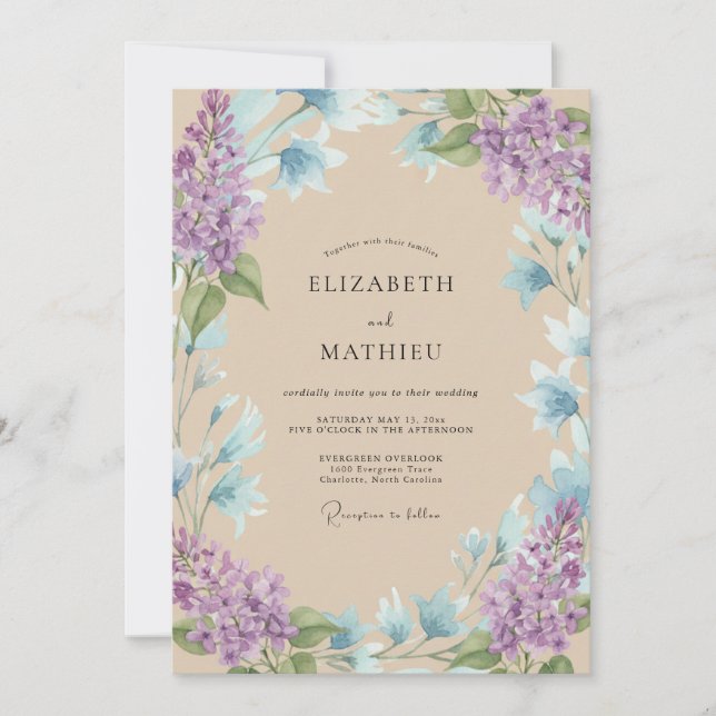 Convites Casamento com Aguarela Lilás Aquática (Frente)