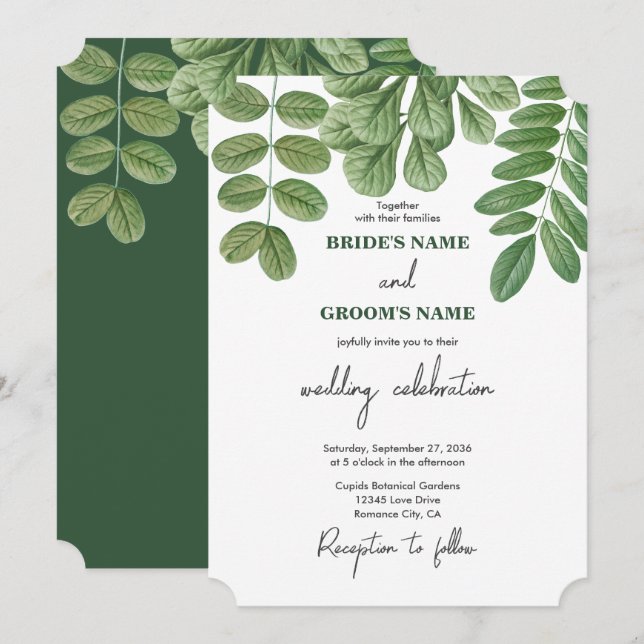 Convites Casamento com Aguarela Moderna em Verde Esmeralda (Frente/Verso)