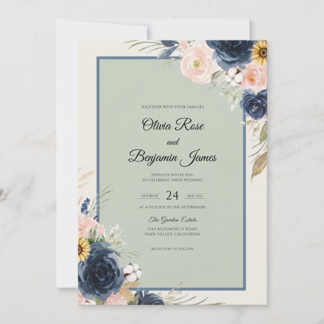 Convites Casamento com Aguarela Navy Sage (Frente)