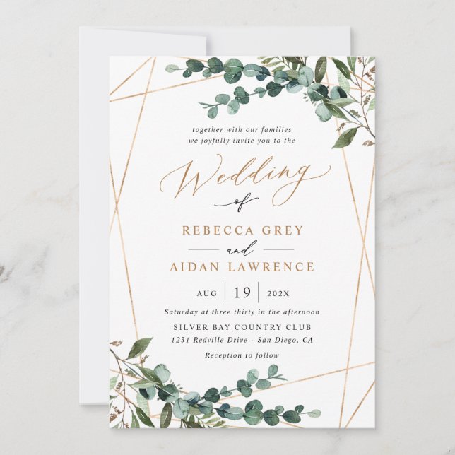 Convites Casamento com Aguarela Rústica em Verde e Dourado (Frente)