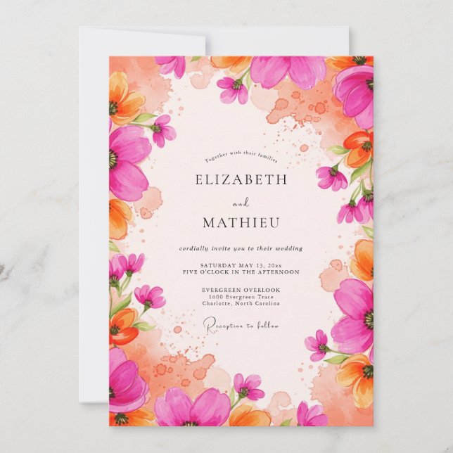 Convites Casamento com Aguarela Vibrante Magenta (Frente)