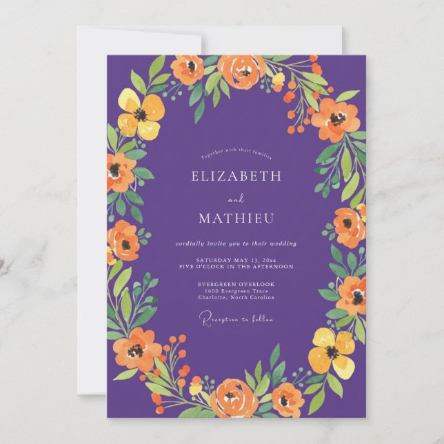 Convites Casamento com Amapola Laranja Violeta Botânica (Frente)