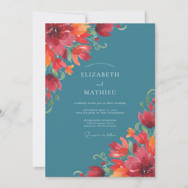 Convites Casamento com Amarelo-laranja e Azul-marinho (Frente)