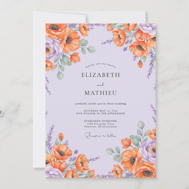 Convites Casamento com Amarelo-laranja e Lilás (Frente)