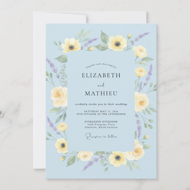 Convites Casamento com Amarelo Limão e Papoula Azul-Celeste (Frente)