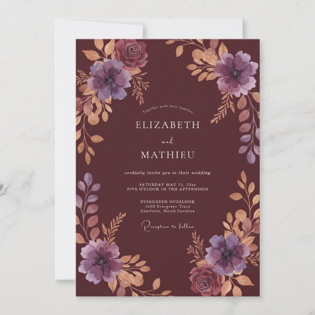 Convites Casamento com Ameixa Tinta Âmbar Folhagem (Frente)