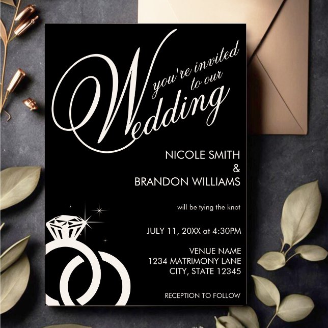Convites Casamento com Anéis de Diamante Branco e Preto (White & Black Diamond Ring Wedding Invitation)
