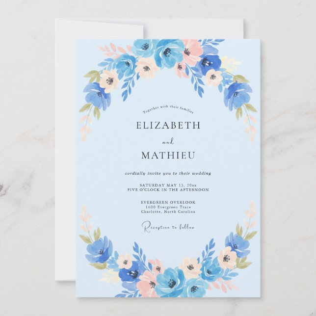 Convites Casamento com Anêmona Azul Pêssego (Frente)