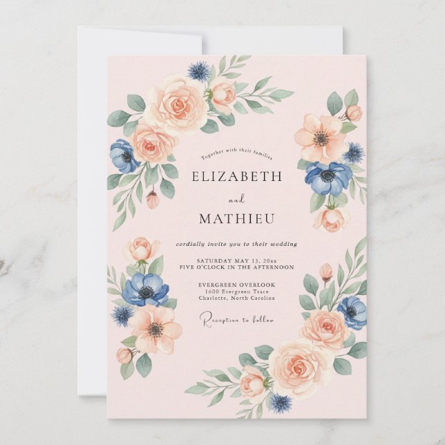 Convites Casamento com Anêmona Azul Turvo Pêssego (Frente)