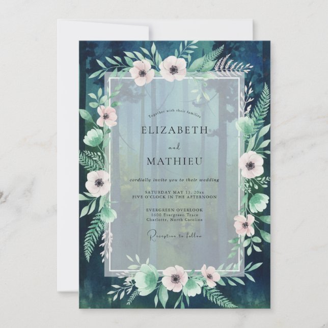 Convites Casamento com Anêmona Bege Azul-celeste (Frente)