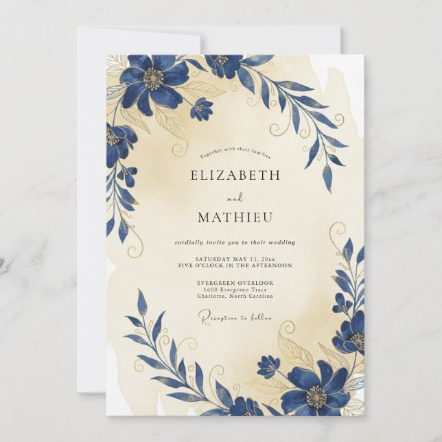 Convites Casamento com Anêmona Creme Índigo (Frente)
