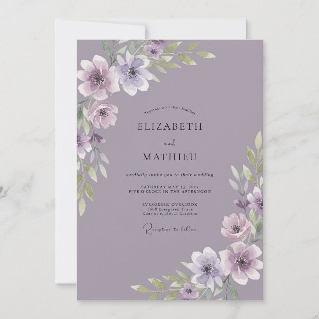 Convites Casamento com Anêmona de Ámbar Roxo Desbotado (Frente)