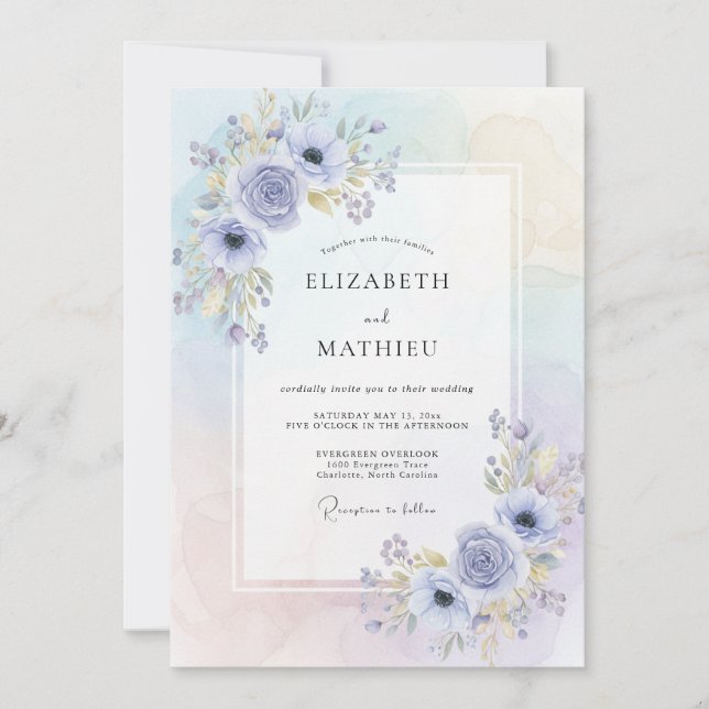 Convites Casamento com Anêmona Dourada e Periwinkle (Frente)
