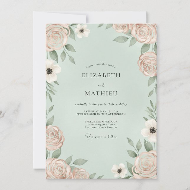 Convites Casamento com Anêmona e Champanhe Menta (Frente)