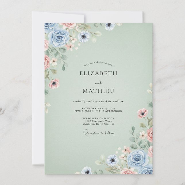 Convites Casamento com Anêmona em Aquarela Celadon (Frente)