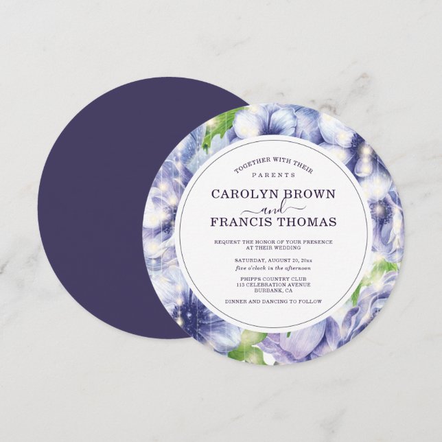 Convites Casamento com Anêmona Floral de Luxo Roxo (Frente/Verso)