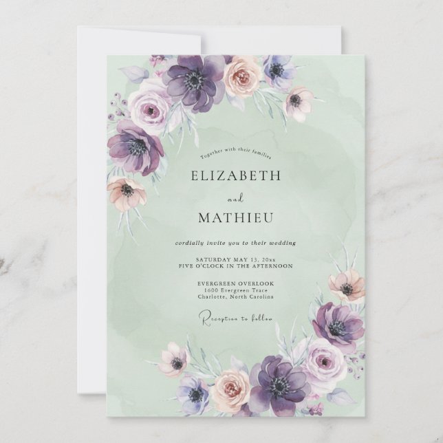 Convites Casamento com Anêmona Lavanda e Hortelã (Frente)