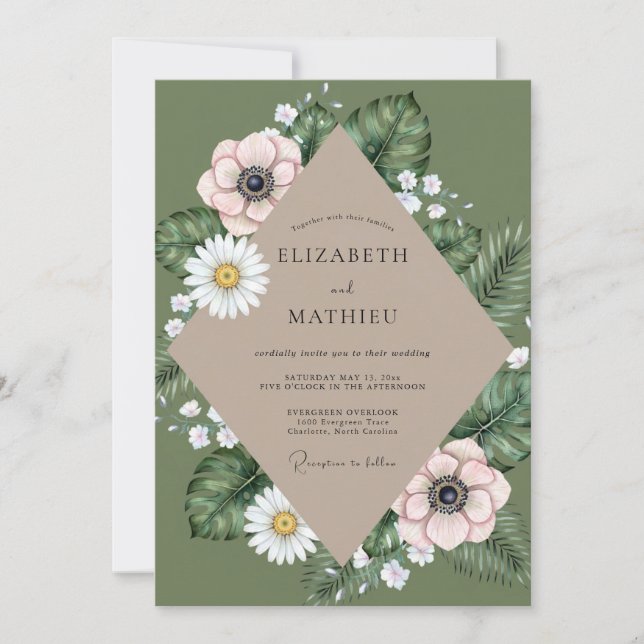 Convites Casamento com Anêmona Olive Blush (Frente)