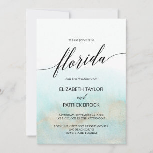 Convites Casamento com Aqua e Dourada Watercolor Beach, Flo